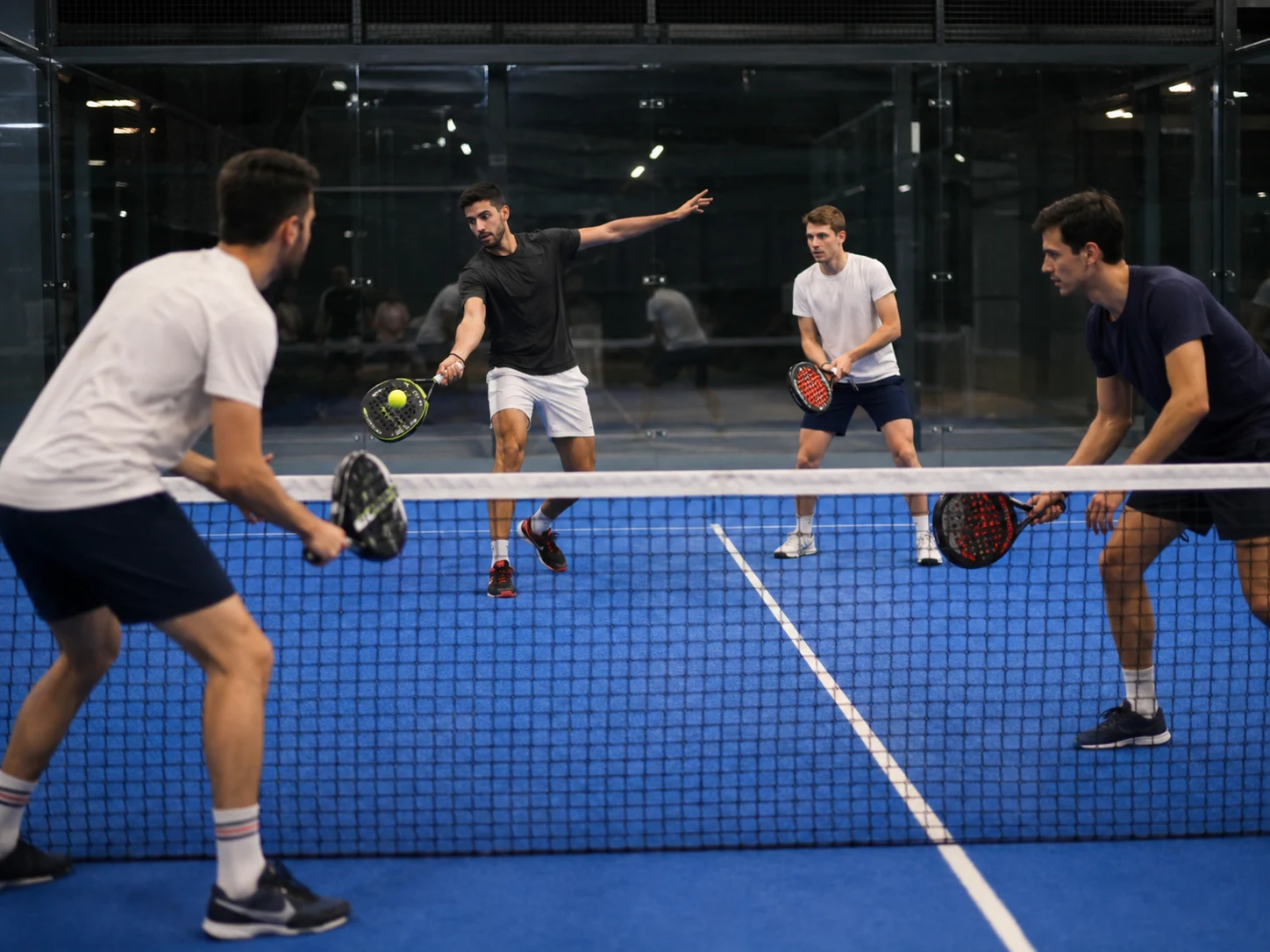 Match de padel en double sur court bleu au Padel Football Club